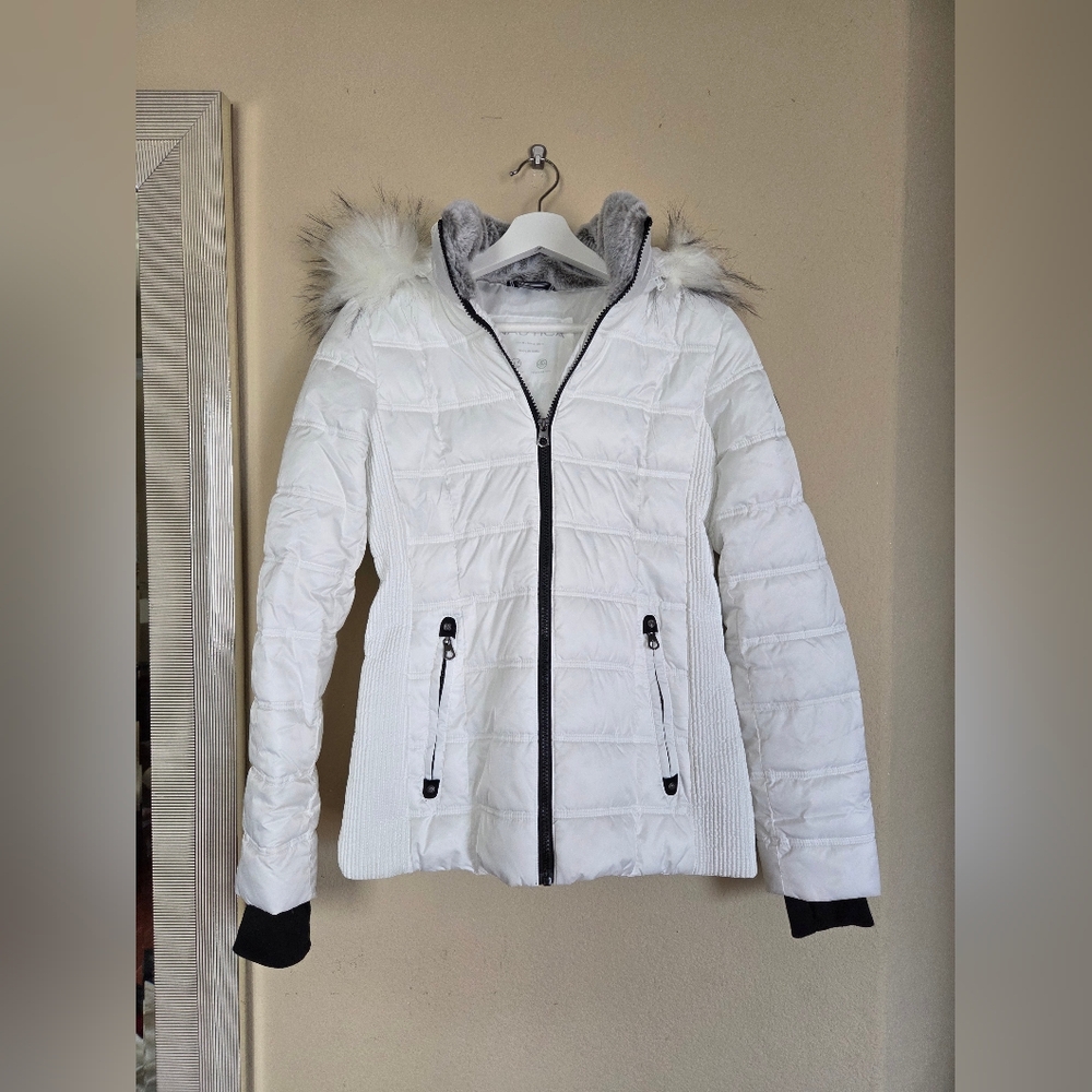 Nautica White Puffer Jacket Faux Fur Trim Hood